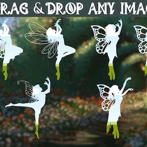 May include: Six white silhouette images of fairies with wings, each with a different pose. The fairies are set against a blurred background of green foliage.