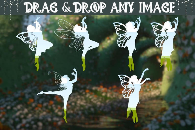 May include: Six white silhouette images of fairies with wings, each with a different pose. The fairies are set against a blurred background of green foliage.