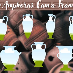 Peut inclure: 20 cadres Canva Amphora. Une collection de 20 cadres en forme d'amphore avec un design de paysage bleu et vert. Les cadres sont parfaits pour ajouter une touche de mythologie grecque à vos designs.
