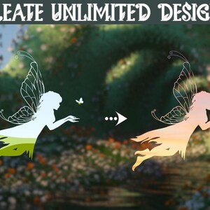 May include: Two fairy silhouettes, one with a green and yellow gradient and the other with an orange and yellow gradient, are shown against a blurred background of a green forest. The text "CREATE UNLIMITED DESIGNS" is at the top of the image.