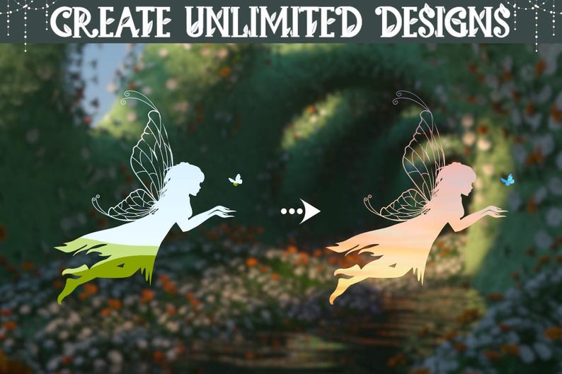 May include: Two fairy silhouettes, one with a green and yellow gradient and the other with an orange and yellow gradient, are shown against a blurred background of a green forest. The text "CREATE UNLIMITED DESIGNS" is at the top of the image.
