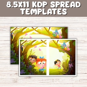 May include: 8.5x11 KDP spread templates featuring a colorful forest illustration with children and birds. The artwork displays a woodland scene with trees, green foliage, butterflies, and cartoon characters in a bright, vibrant style for book layouts.