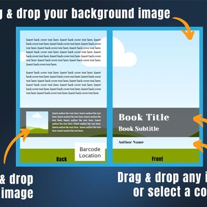 May include: A digital book cover template with text fields for title, subtitle, and author. The design includes a blue sky background, green landscape, and text prompts: "Drag & drop your background image" and "Drag & drop any image or select a color."