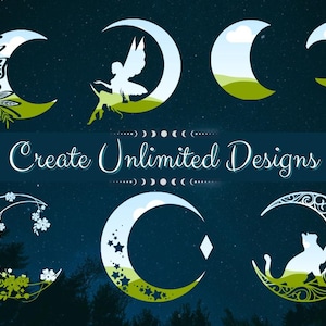 May include: A set of eight digital clipart images featuring crescent moons with various designs, including a butterfly, a fairy, a cat, and floral patterns. The moons are outlined in white and filled with a light blue color, with green accents. The text "Create Unlimited Designs" appears in the center of the image.