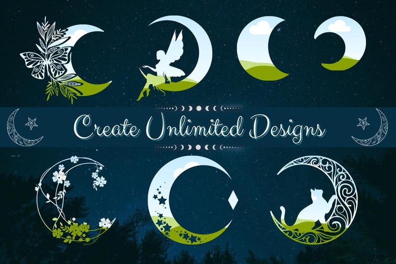 May include: A set of eight digital clipart images featuring crescent moons with various designs, including a butterfly, a fairy, a cat, and floral patterns. The moons are outlined in white and filled with a light blue color, with green accents. The text "Create Unlimited Designs" appears in the center of the image.