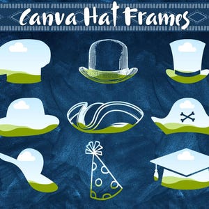 Puede incluir: Nueve marcos de sombreros diferentes sobre un fondo azul. Los marcos son contornos blancos de varios sombreros, incluyendo una gorra de graduación, un sombrero de pirata, un sombrero de vaquero, un sombrero de fiesta y un fedora. Cada marco tiene un diseño de nube verde y blanca en su interior.