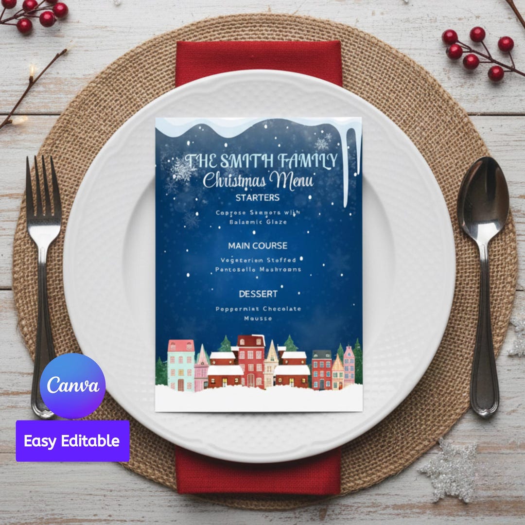 Editable Christmas Dinner Menu Template – Winter Village Design (canva ...