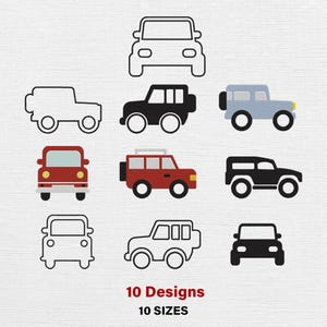 Può includere: Un'immagine con dieci diversi design di auto, inclusi SUV, in vari colori e contorni. Il testo in basso recita "10 Designs" e "10 Sizes". I design variano da semplici contorni a colori pieni.