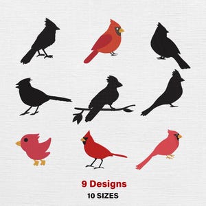 May include: Nine bird designs in various poses, including silhouettes and colored illustrations of cardinals. The birds are in red, black, and pink. The text at the bottom reads "9 Designs" and "10 Sizes".