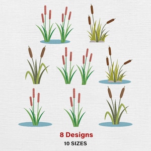 May include: An illustration featuring eight designs of cattails and reeds in various arrangements. The plants have green leaves and brown seed heads, some with red accents. The text at the bottom reads "8 Designs 10 Sizes."