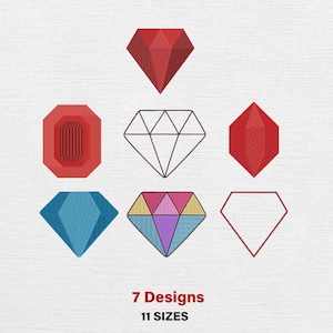 Puede incluir: Siete diseños de diamantes bordados en rojo, azul, rosa y morado. Un diseño es un simple contorno. El texto en la parte inferior dice "7 Designs" y "11 Sizes".