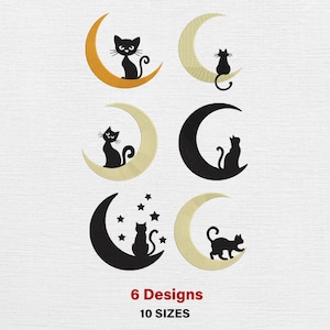 Pode incluir: Seis desenhos com silhuetas de gatos pretos em luas crescentes. As luas são nas cores dourado, preto e creme. Alguns desenhos incluem estrelas. O texto na parte inferior diz "6 Designs" e "10 SIZES".