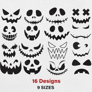 Puede incluir: Dieciséis diseños de caras de Halloween en negro en varios estilos, incluyendo sonrisas dentadas, bocas cosidas y formas de ojos. El texto en la parte inferior dice "16 Designs" y "9 Sizes".