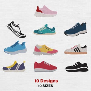 Op de afbeelding: Een verzameling van tien kleurrijke sneakerontwerpen in verschillende stijlen en kleurencombinaties, waaronder roze, blauw en rood. De afbeelding bevat ook de tekst "10 Designs" en "10 Sizes".