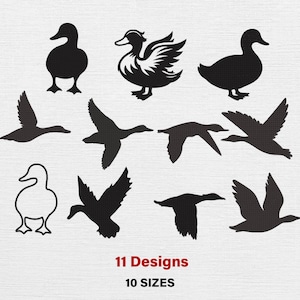May include: A collection of eleven black duck silhouettes in various poses, including standing, swimming, and flying. The image includes the text "11 Designs" and "10 Sizes" in red, indicating design options.