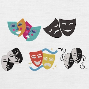 May include: Collection of embroidered theater masks in various colors and styles. Includes happy and sad face masks in teal, orange, pink, black, red, and yellow. Some masks have decorative elements like stars and ribbons.