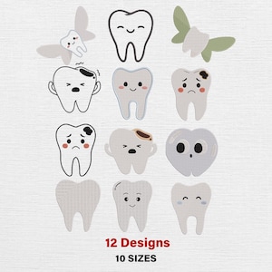 Peut inclure: Douze dessins de dents de dessins animés avec diverses expressions, dont joyeuses, tristes et avec des caries. Certains modèles présentent des papillons en forme de dents. Le texte "12 Designs" et "10 SIZES" est affiché en rouge.