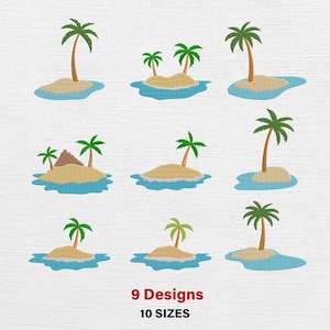 Puede incluir: Nueve diseños bordados de islas con palmeras en playas arenosas rodeadas de agua azul. Los diseños varían en tamaño y forma, con algunas islas con múltiples árboles o pequeñas colinas. El texto en la parte inferior dice "9 Designs 10 Sizes."