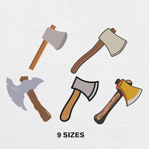 May include: Five cartoon axes with wooden handles and metal blades in different styles. The blades are in shades of grey, tan, and yellow. The text "9 SIZES" is displayed below the axes, indicating size options.