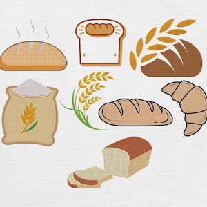 May include: A selection of illustrated baked goods, including a loaf of bread with steam, a slice of toast, a wheat stalk, a loaf of bread, a croissant, a bag of flour, and a sliced loaf of bread. The illustrations are in shades of brown, tan, and white.
