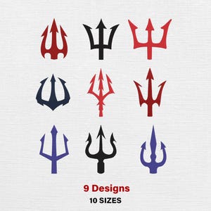May include: Nine trident designs in red, black, and blue are displayed on a white background. The tridents have three prongs and a central spear. Text at the bottom reads "9 Designs" and "10 SIZES" in red.