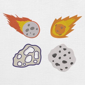 May include: Four embroidered patches featuring celestial objects. Two patches depict a comet with orange and yellow flames and a gray, cratered body. The other two patches show gray and beige asteroids with various hole patterns.