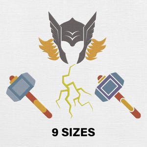 May include: A graphic featuring Thor's helmet, two hammers, and a lightning bolt in shades of gray, gold, and blue. The text "9 SIZES" is at the bottom. The design is likely for embroidery or digital use.