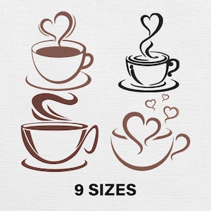 May include: Four coffee cup designs with steam shaped like hearts. The cups are brown and black, with saucers. The text "9 SIZES" is at the bottom. The image is a line drawing style.