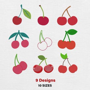 May include: Nine embroidered cherry designs in various styles, featuring red cherries with green leaves and stems. The text "9 Designs 10 SIZES" is displayed in red at the bottom of the image, indicating the availability of multiple sizes.