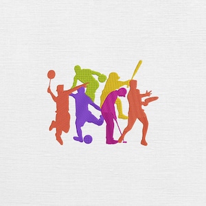 May include: A colorful illustration of various sports figures in action. The image features silhouettes of athletes playing badminton, soccer, golf, baseball, and frisbee. The figures are rendered in vibrant shades of orange, purple, green, yellow, and pink against a white background.