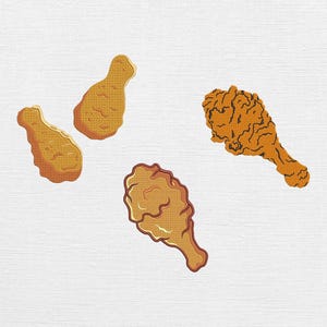 May include: An illustration of four pieces of fried chicken on a white background. The pieces are in shades of brown and orange, with detailed textures. The image features two drumsticks and two other pieces of fried chicken.