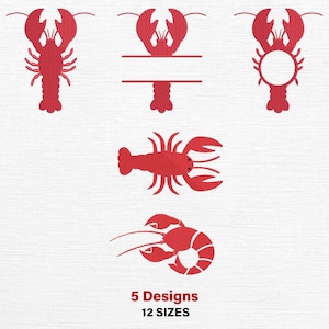 May include: Five red lobster embroidery designs featuring a standard lobster, a split-name lobster, a circular frame lobster, a horizontal lobster, and a curled lobster. The text 5 Designs 12 SIZES is printed in red at the bottom of the image.