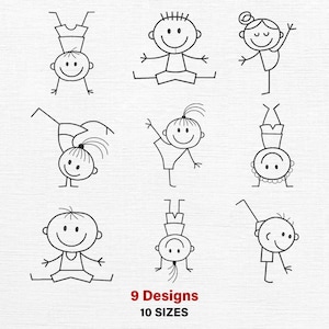 Op de afbeelding: Een verzameling van negen zwart-wit illustraties van stokfiguren die kinderen in verschillende gymnastiekposities uitbeelden. De tekst onderaan luidt "9 Designs" en "10 Sizes".