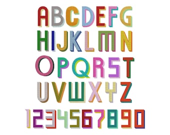 May include: A colorful alphabet and number set in a 3D embroidered style. The letters and numbers are in various colors, including red, orange, green, blue, and purple. The design has a textured appearance, with each letter and number having a shadow.