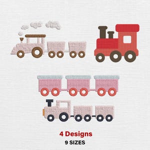 May include: Four embroidered train designs in shades of pink, red, brown, and blue. The trains have various details, including smoke clouds, wheels, and carriages. The text "4 Designs 9 Sizes" is displayed at the bottom.