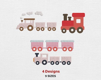 May include: Four embroidered train designs in shades of pink, red, brown, and blue. The trains have various details, including smoke clouds, wheels, and carriages. The text "4 Designs 9 Sizes" is displayed at the bottom.