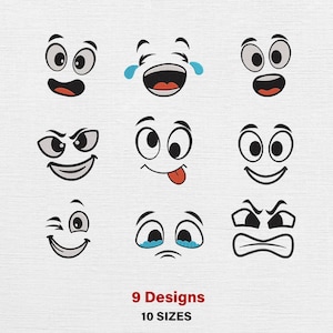 May include: Nine cartoon face designs with various expressions, including happy, sad, angry, and surprised. Each face has large eyes, a mouth, and some with additional details like tears or a tongue. The text "9 Designs 10 Sizes" is at the bottom.