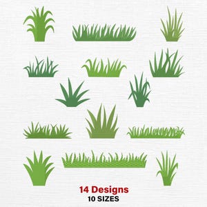 Op de afbeelding: Een verzameling van 14 groene grasontwerpen in verschillende stijlen. De ontwerpen zijn in verschillende vormen en maten, met de tekst "14 Designs" en "10 Sizes" in het rood onderaan de afbeelding.