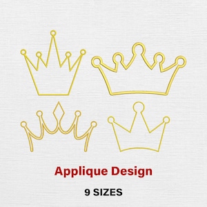 May include: Four gold-colored crown designs on a white background. The crowns vary in style, with pointed and rounded tops. The text "Applique Design" and "9 SIZES" are in red and black font below the crowns.