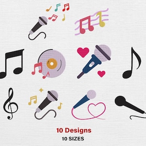 Puede incluir: Una colección de diseños bordados con temática musical. La imagen presenta varias notas musicales, micrófonos, un disco de vinilo y corazones en una variedad de colores. El texto en la parte inferior dice "10 Designs" y "10 Sizes".