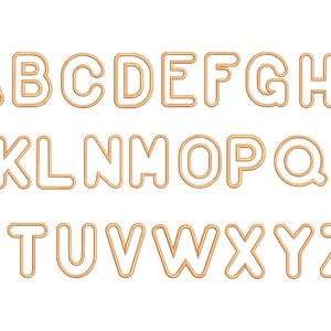 May include: A full alphabet, from A to Z, is displayed in a sans-serif font. The letters are outlined in a light brown color, with a white interior. The letters are evenly spaced and arranged in three rows.
