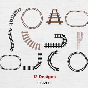 May include: A collection of 12 different designs of train tracks in various shapes, including curved, straight, and circular layouts. The tracks are brown and black, with the text "12 Designs" and "9 Sizes" in red.