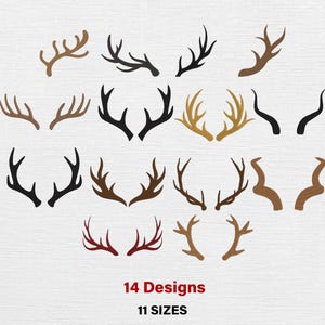 May include: A collection of 14 different antler designs in various colors, including brown, black, and gold. The image also includes the text "14 Designs" and "11 Sizes" in red and white, respectively, at the bottom.