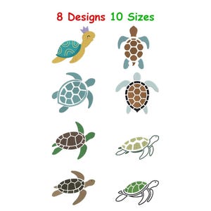 May include: A digital collection of 8 turtle designs in 10 sizes, featuring various sea turtles in shades of brown, teal, green, and grey. The text 8 Designs 10 Sizes is displayed at the top in red and green. The turtles are shown in top-down and side profiles.
