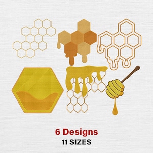 Könnte beinhalten: Sechs Designs zum Thema Honig, darunter Wabenmuster, tropfender Honig und ein Honiglöffel. Die Designs sind in Gelb- und Brauntönen gehalten. Der Text unten lautet "6 Designs 11 Sizes."