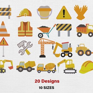 Könnte beinhalten: Eine Sammlung von 20 Designs zum Thema Bauwesen in verschiedenen Größen. Das Bild zeigt Illustrationen von Baugeräten, Sicherheitsausrüstung und Warnschildern in Gelb, Orange und Braun. Enthält einen Bauhelm, Absperrband und einen Muldenkipper.