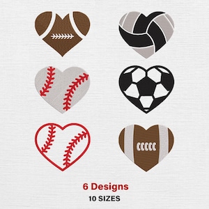 May include: Six heart-shaped designs featuring sports balls: football, volleyball, baseball, soccer, and two footballs. The baseball hearts have red stitching. The text "6 Designs 10 SIZES" is at the bottom.
