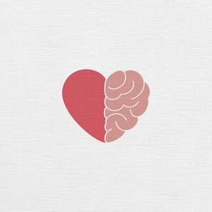 May include: A graphic illustration of a heart and a brain, each occupying half of the image. The heart is a solid red, while the brain is a lighter, textured pink. The background is a textured white.