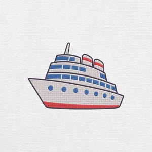 May include: A cartoon-style illustration of a cruise ship. The ship is primarily white with blue windows and portholes. Red accents are on the bottom and top of the ship. A small antenna is on top.