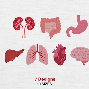 May include: An illustration of seven human organs: kidneys, intestines, stomach, liver, lungs, heart, and brain. The organs are in shades of red and pink. Text at the bottom reads "7 Designs 10 Sizes."